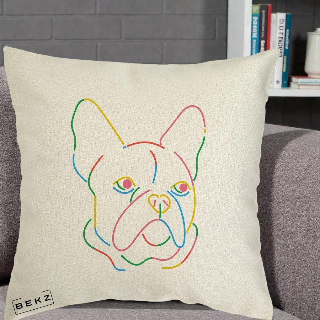 Perna Decorativa Bulldog Francez Line Art Curcubeu, 40x40 cm, Ecru, Husa Detasabila, Perna Inclusa, BEKZ®