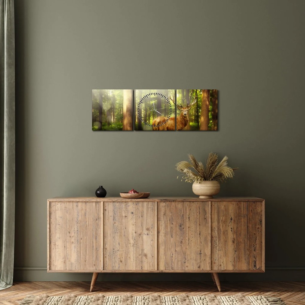 Tablou cu cerbul în pădure (cu ceas) (90x30 cm)