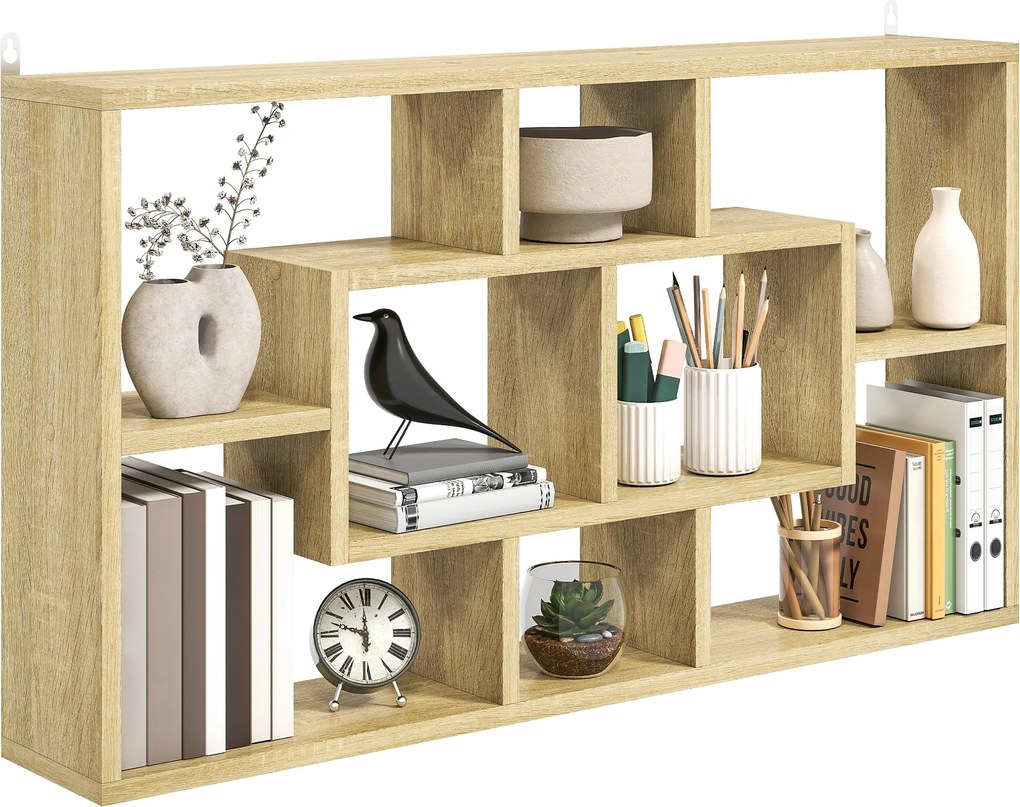 HOMCOM Etajeră de perete decorativă Raft pentru cărți, CD-uri cu 8 cuburi 85x14,5x47,5 cm Stejar | Aosom Romania