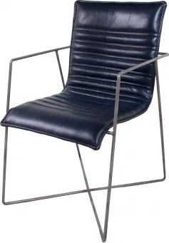 Scaun dining cu brațe tapițat eclectic din piele naturală și metal, albastru, cu cusături în canale și bază în X, 87 x 60 x 53 cm, „Saint-Tropez”