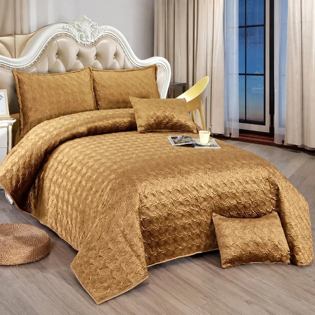 Cuvertură catifea matlasată, auriu, 5 piese, 220x240 cm, CC01