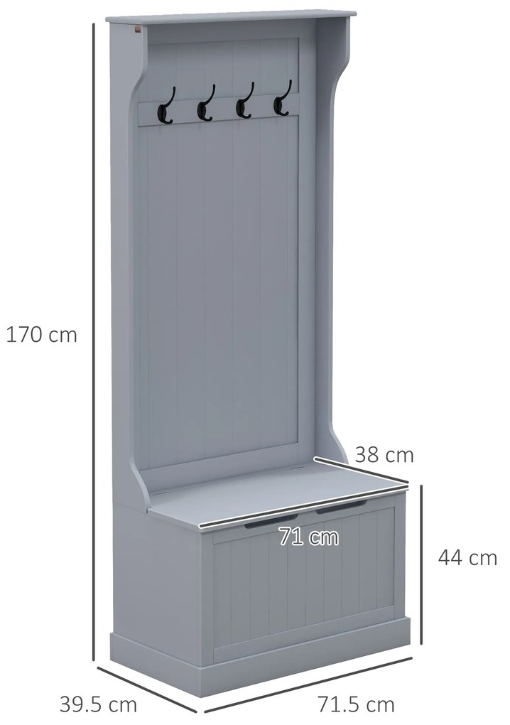 HOMCOM Cuier 3 în 1 cu 4 Cârlige, Bancă Depozitare și Cuier, Mobilier cu Spațiu de Depozitare, 71,5x39,5x170 cm, Gri | Aosom Romania