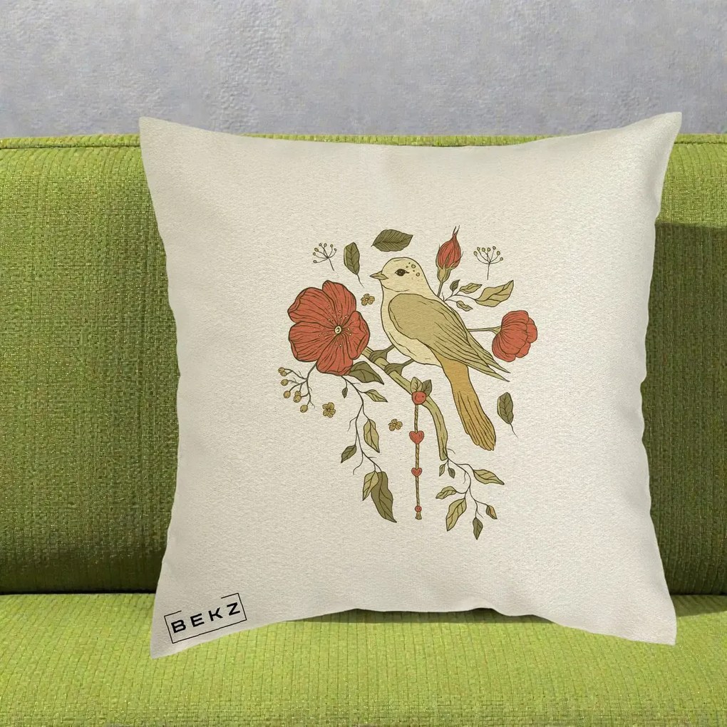 Perna Decorativa Pasare pe Ramura cu Maci, 40x40 cm, Ecru, Husa Detasabila, Perna Inclusa, BEKZ®