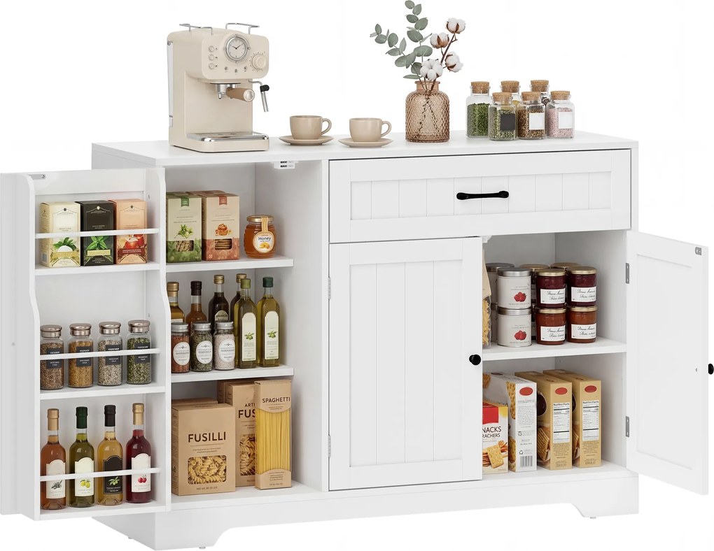 HOMCOM Bufet modern de bucătărie cu sertar, polițe reglabile, mic spațiu de depozitare pentru bucătărie cu compartimente pe ușă, Alb | Aosom Romania