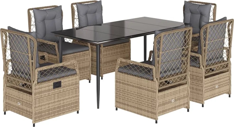 vidaXL Set de masă pentru grădină, 7 piese, cu perne, bej, poliratan