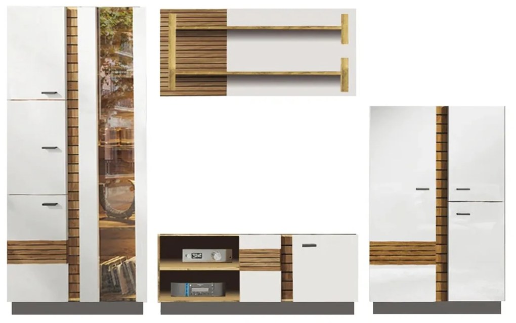 Living VAL GARDENA Z.A., 4 corpuri, cu lumini LED, corp PAL nuc, fronturi MDF late lucios, 302x53x199 cm