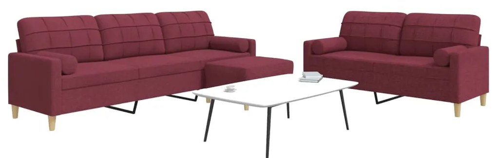 vidaXL Set canapele cu taburet și perne, 3 piese, roșu vin, textil