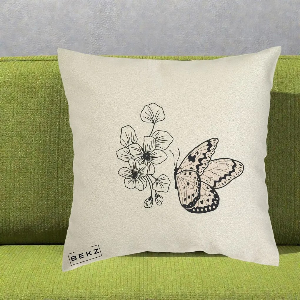 Perna Decorativa Fluture si Flori Linie Monocroma, 40x40 cm, Ecru, Husa Detasabila, Perna Inclusa, BEKZ®