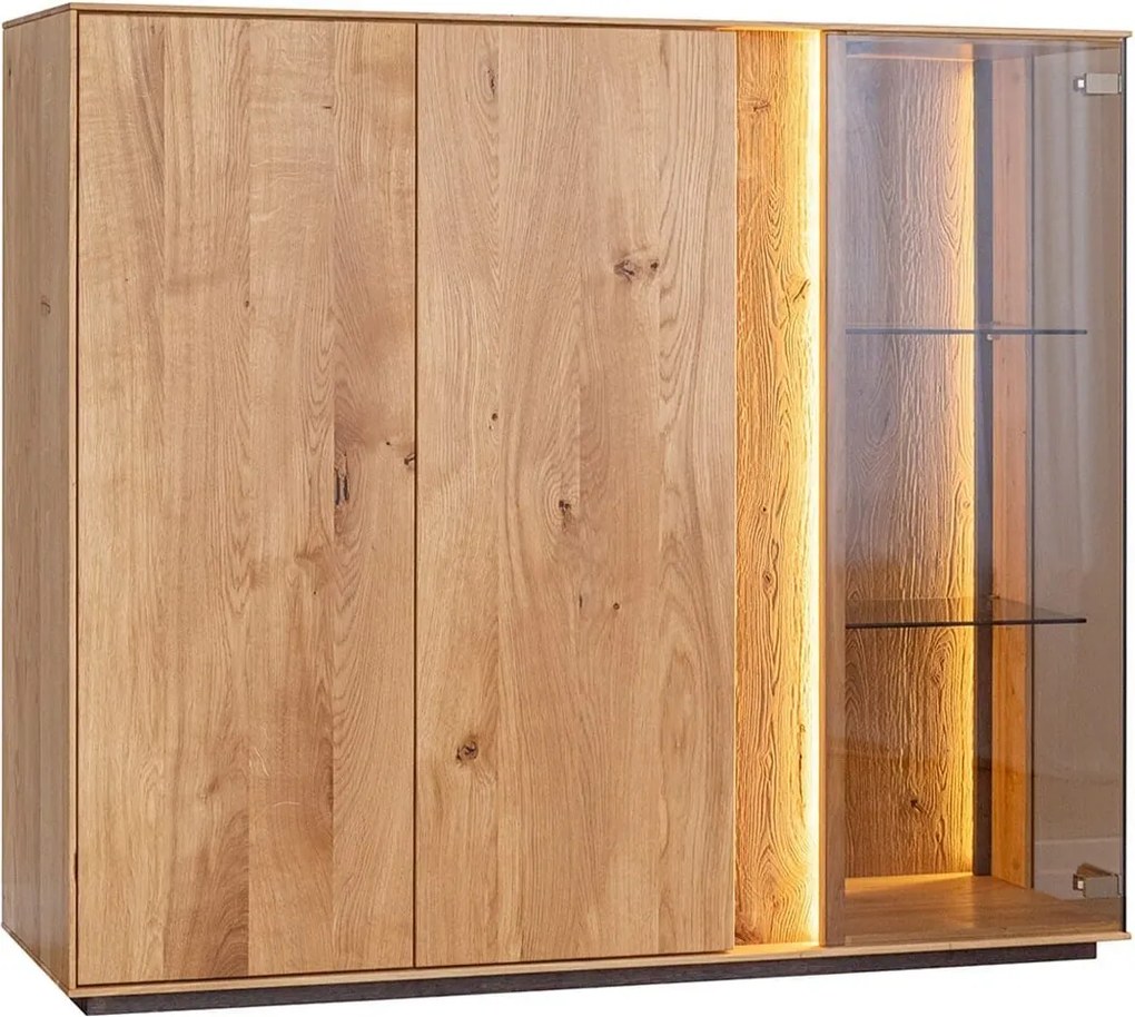 Vitrină lemn masiv Joasă Aurora Dublă Iluminată Stejar, 135 × 37 × 115 cm