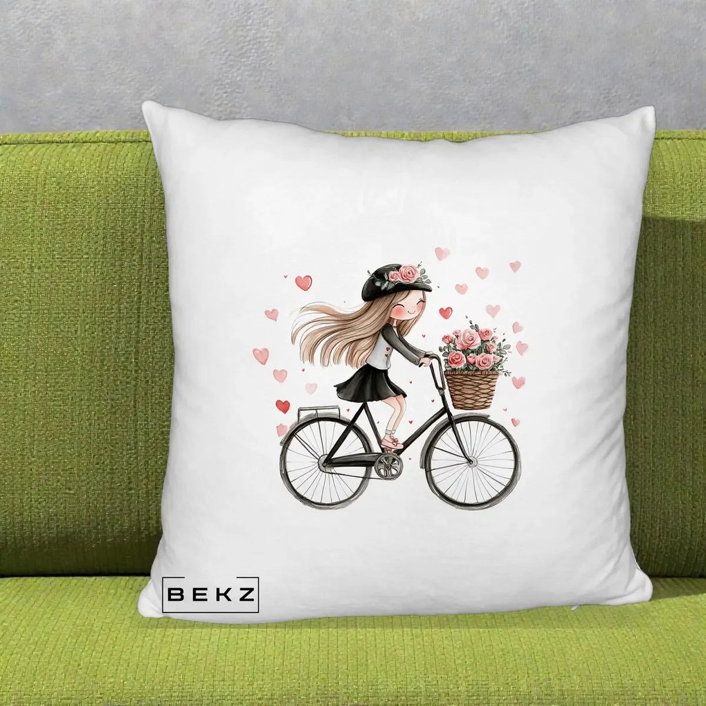 Perna Decorativa Fetita Kawaii pe Bicicleta cu Trandafiri si Inimioare, 40x40 cm, Alb Pufos, Husa Detasabila, Perna Inclusa, BEKZ®