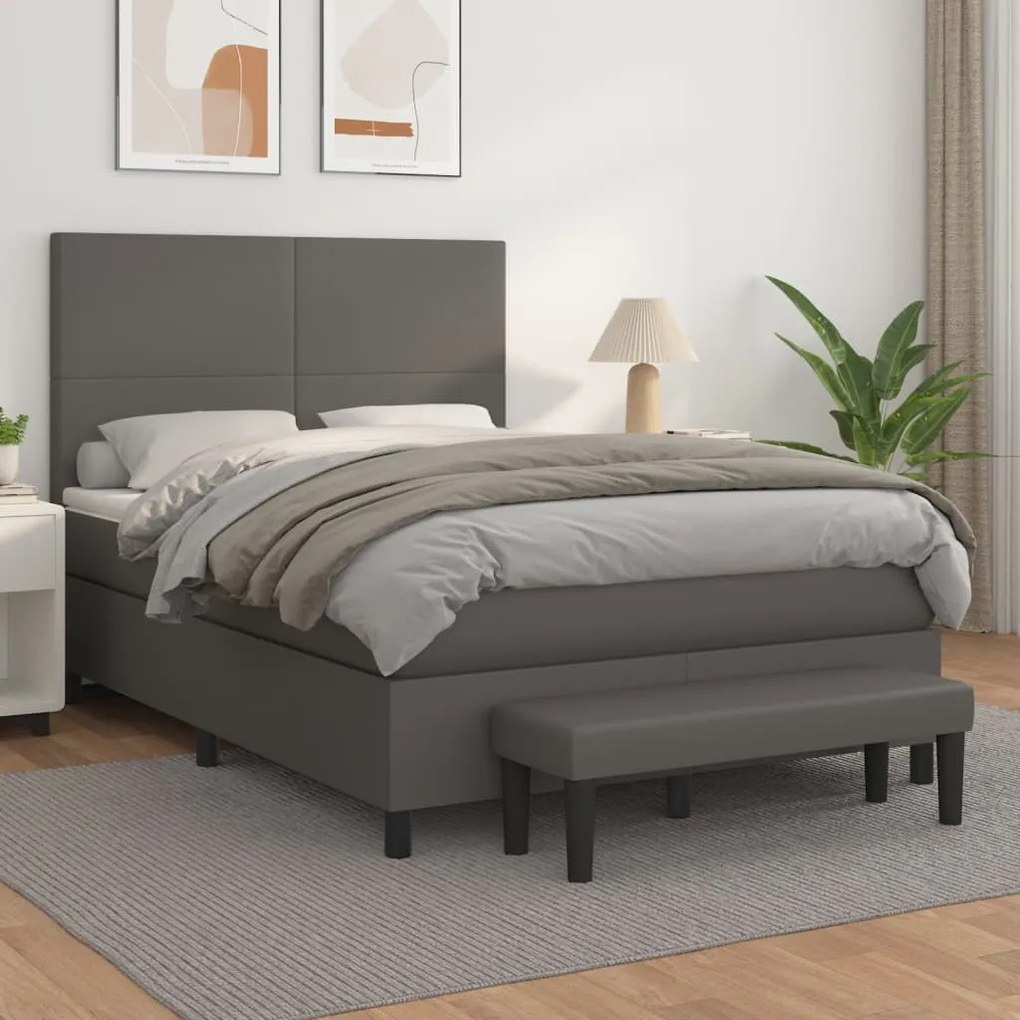 3137543 vidaXL Pat box spring cu saltea, gri, 140x190 cm, piele ecologică