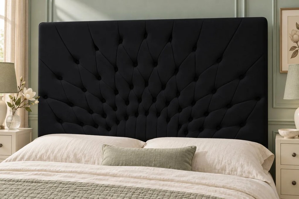 Pat tapițat Chesterfield din catifea Venezia 160×200 cm, negru, cu ladă de depozitare