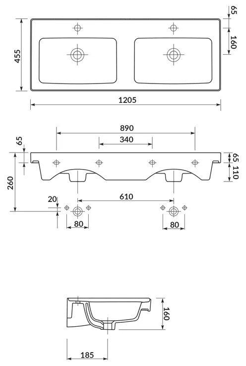 Lavoar dublu pentru mobilier, Cersanit, Crea, 120 cm, alb