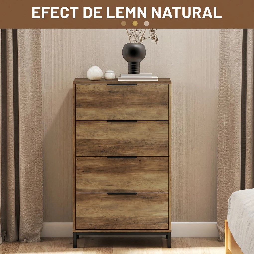 HOMCOM Comodă 4 Sertare din PAL și Metal 62x35x105 cm Maro Deschis | Aosom Romania