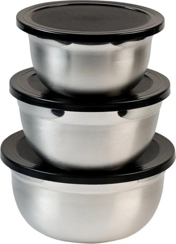 Set de 3 boluri din inox cu capac Kesper 90898, 700/1,1/1,5 l, scala de masurare, margine larga, fund antiderapant, inox