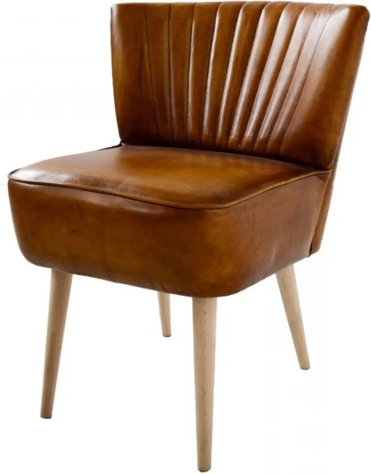 Scaun dining tapițat retro din piele naturală și lemn de fag, maro, cu spătar în canale verticale și picioare conice, 82 x 61 x 68 cm, „Marlon”