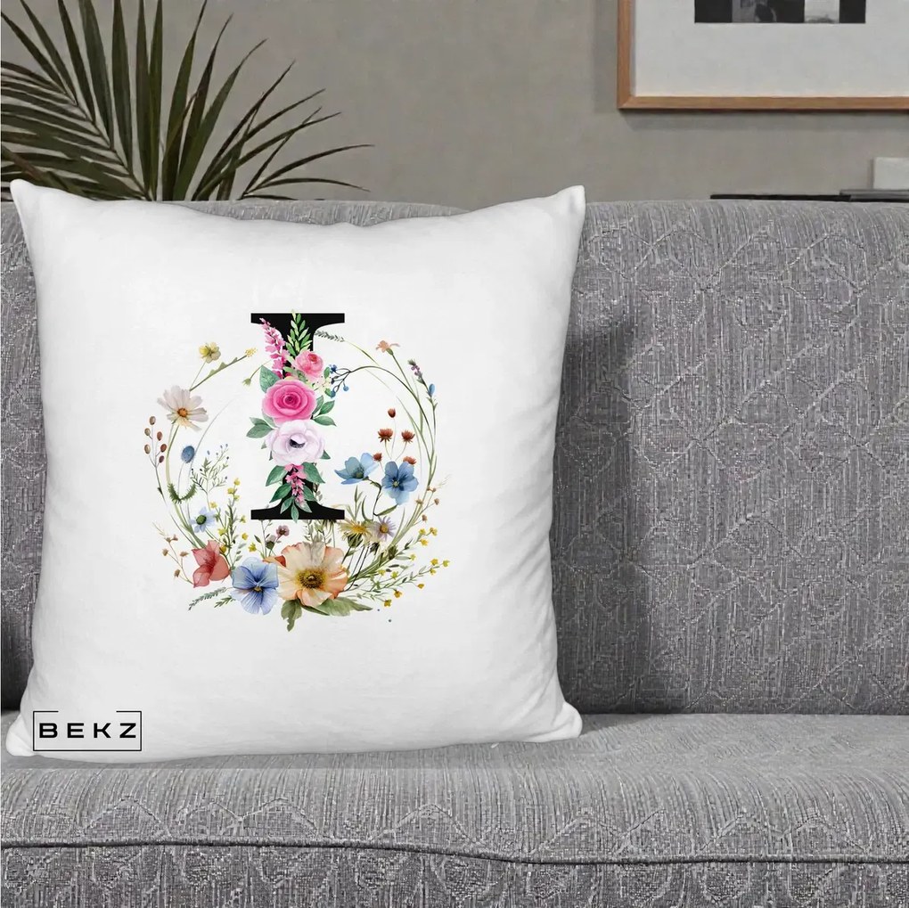 Cadou Personalizat - Perna Personalizata Monogram Litera I cu Flori Acuarela, 40x40 cm, Alb Pufos, Husa Detasabila, Perna Inclusa, BEKZ®