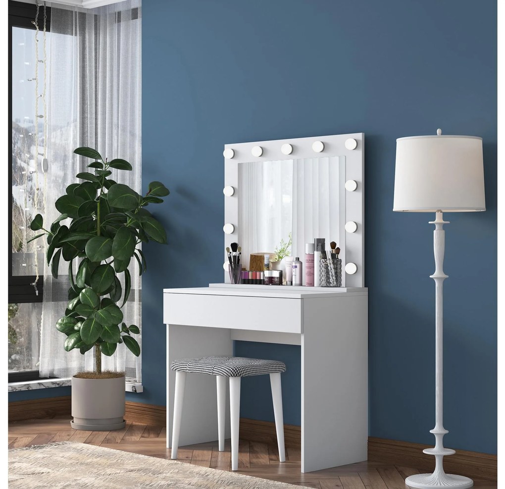 Măsuță de toaletă cu Taburetee Blake 21 (cu oglindă) (cu iluminat LED) (alb). 1107278