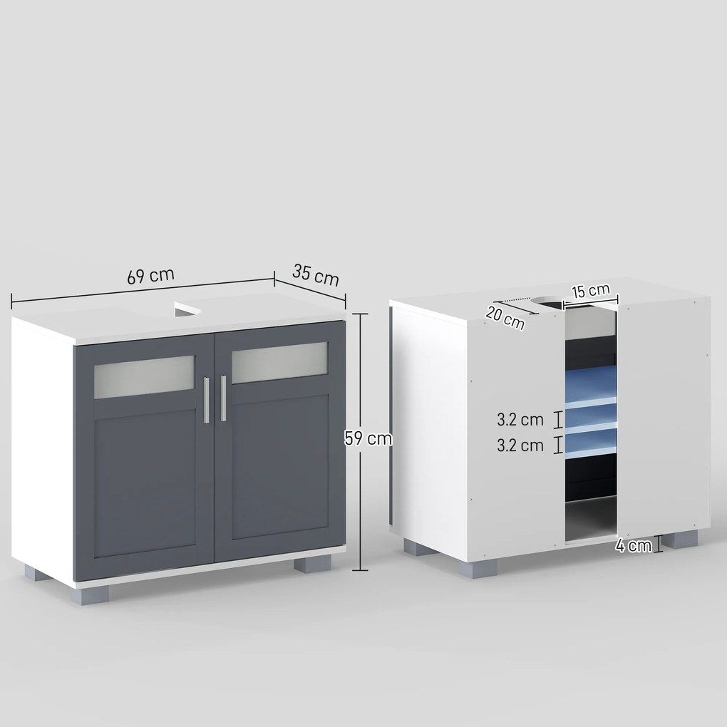kleankin Dulap pentru sub lavoar Dulap de baie sub lavoar cu 2 uși din sticlă securizată 69x35x59 cm Alb și Gri | Aosom Romania