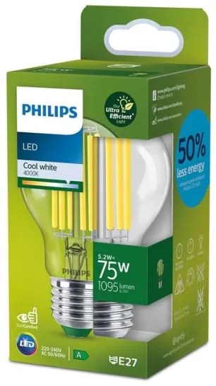 Bec cu filament LED Philips A60 E27/5,2W/230V 4000K