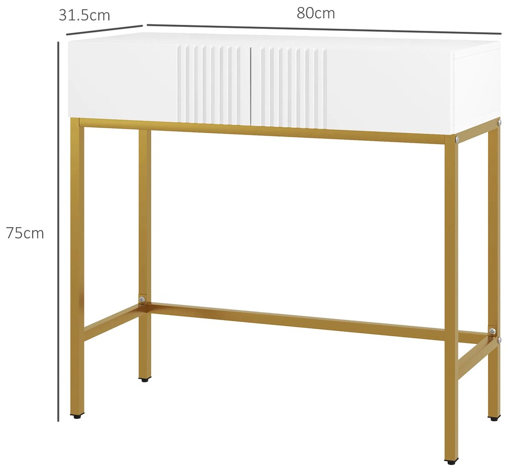 HOMCOM Masă Consolă cu 2 Sertare, Masă Modernă de Intrare cu Bază din Oțel în Ton Auriu, Canapea Extensibilă, 80x31.5x75 cm, Alb | Aosom Romania