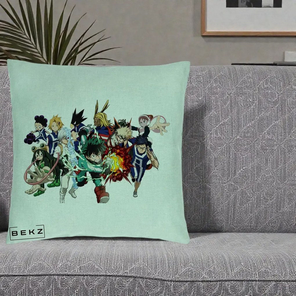 Perna Personalizata My Hero Academia Clasa 1-A Complet, 40x40 cm, Verde Menta, Husa Detasabila, Perna Inclusa, BEKZ®