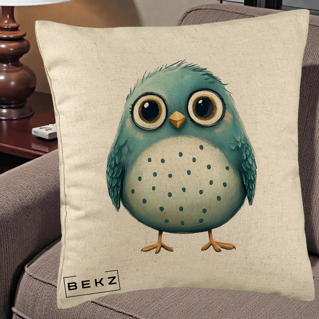 Perna Decorativa Pasare Teal cu Buline Teal, 40x40 cm, Bej, Husa Detasabila, Perna Inclusa, BEKZ®