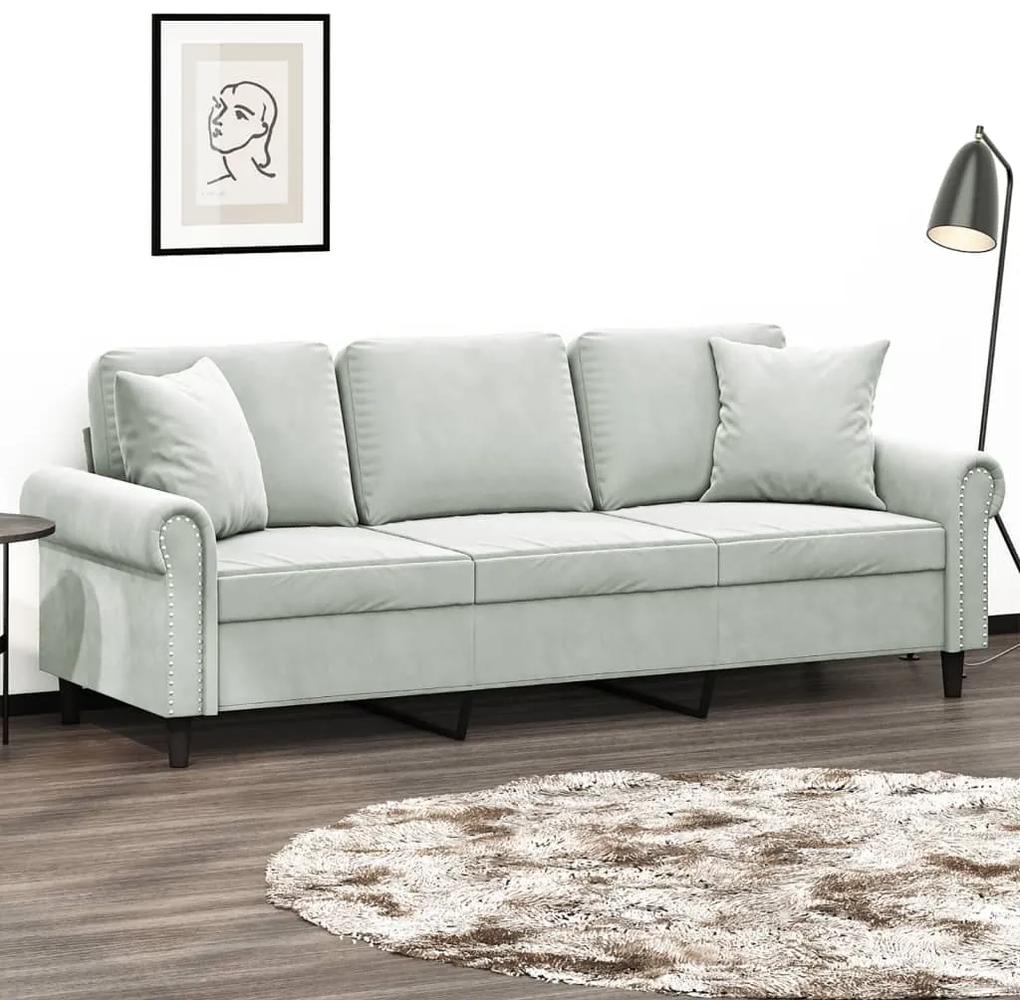 Canapea cu 3 locuri cu pernute, gri deschis, 180 cm, catifea