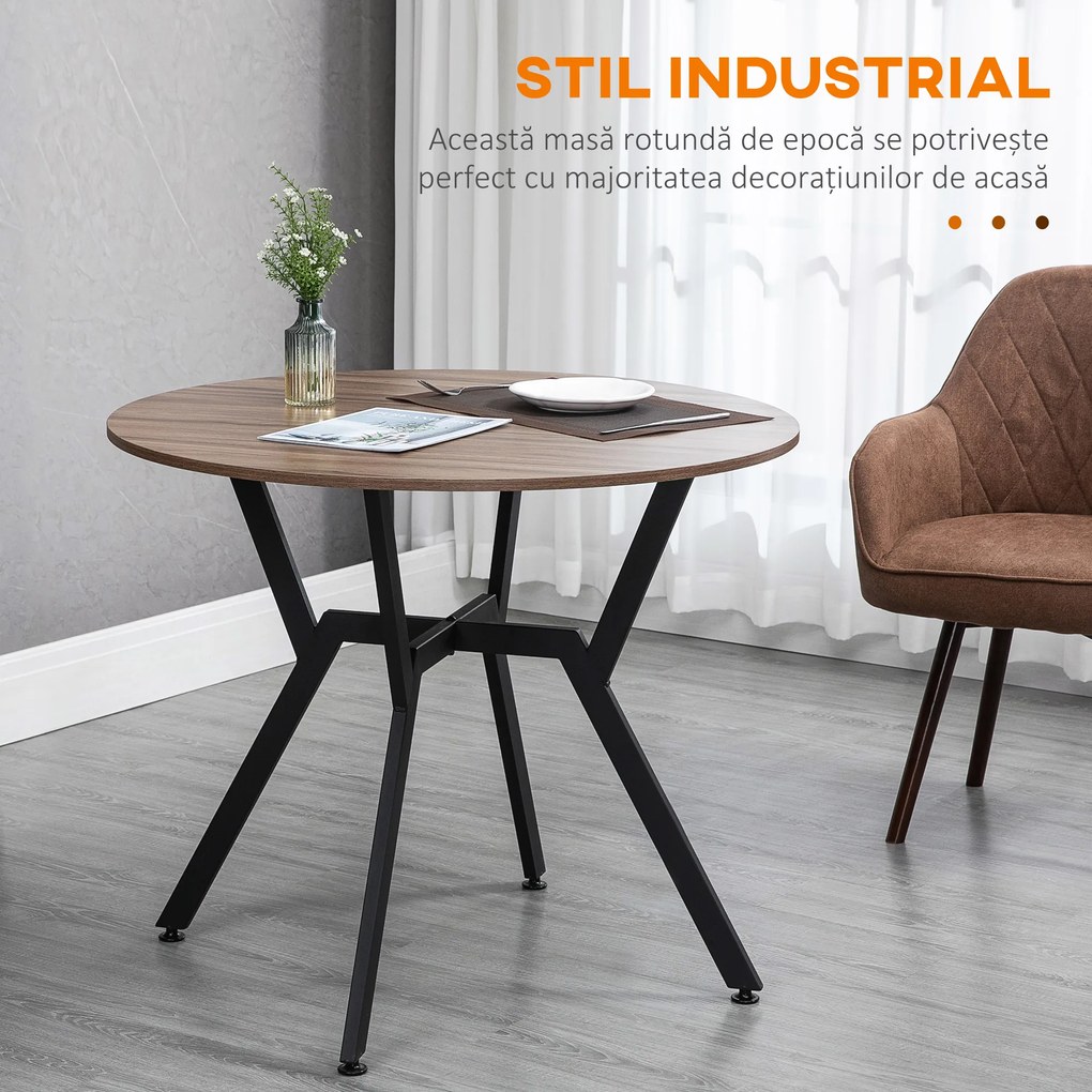 HOMCOM Masă Rotundă de Sufragerie pentru 2 Persoane cu Suport în X, Masă Modernă din Lemn și Oțel, Ø90x76 cm, Maro | Aosom Romania