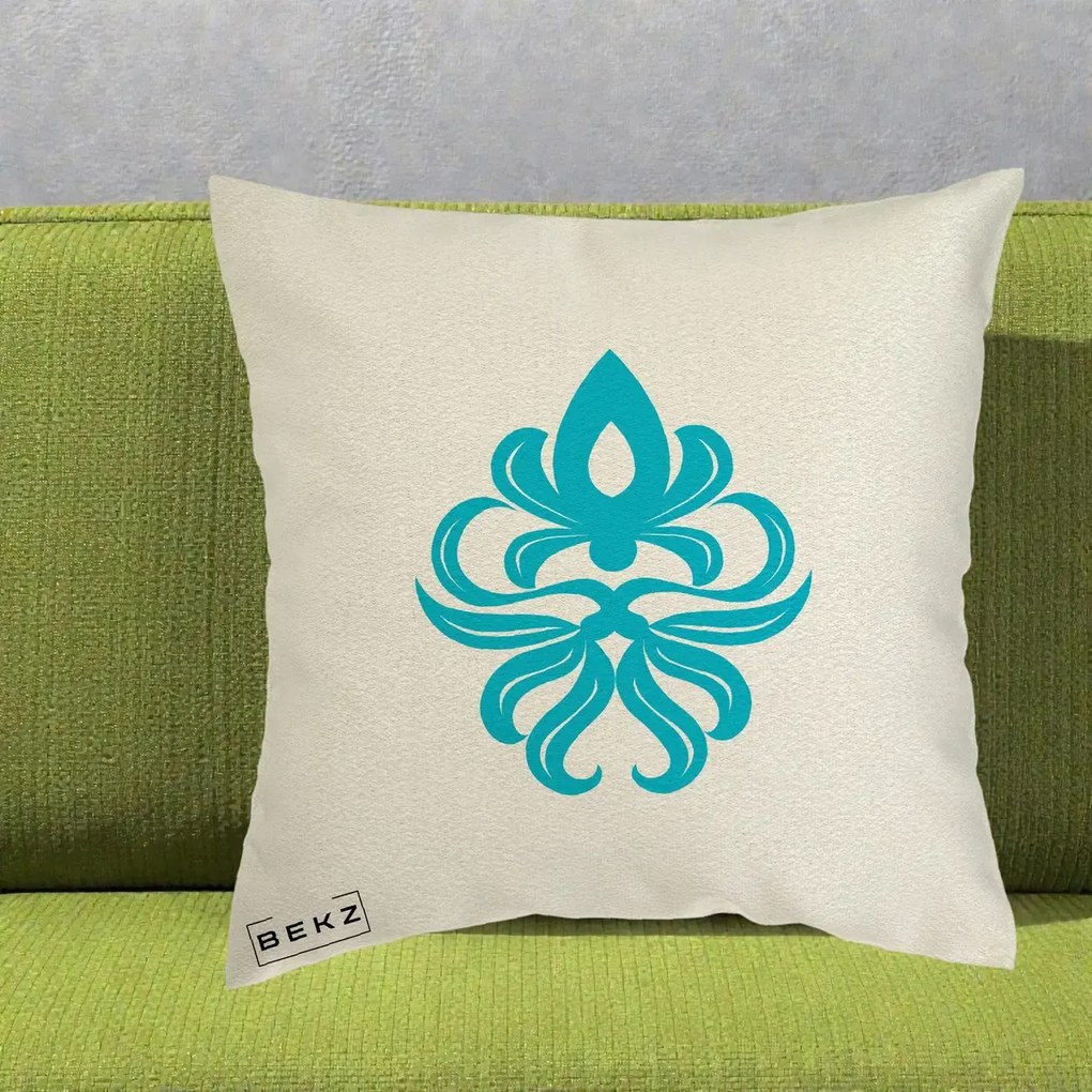 Perna Decorativa Ornament Turcoaz Fleur de Lis, 40x40 cm, Ecru, Husa Detasabila, Perna Inclusa, BEKZ®