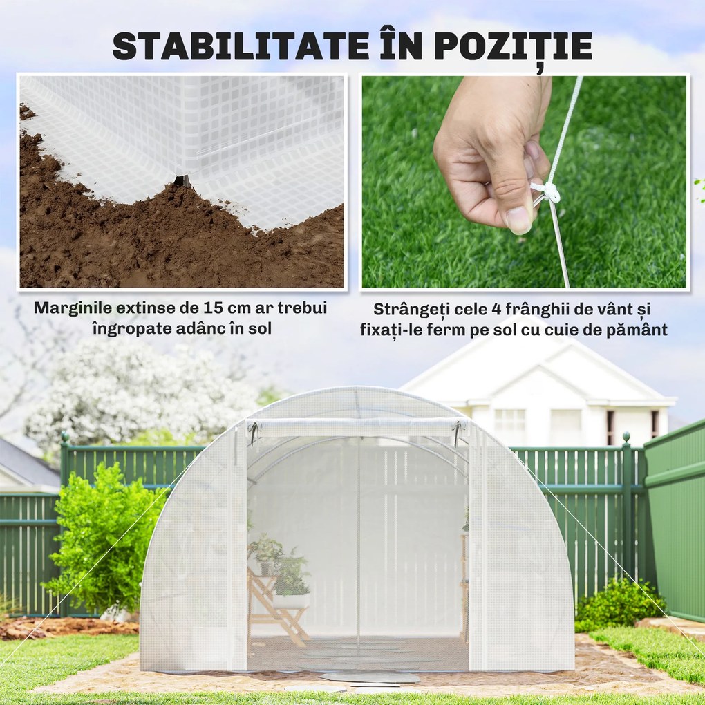 Outsunny Seră de Grădină Tip Tunel 4x3x2 m cu 2 Bare Detașabile, Uși Rulabile și Ferestre cu Plasă, Seră pentru Grădină de Legume și Flori, Structură din Oțel Zincat și Acoperire PE, Alb | Aosom Romania