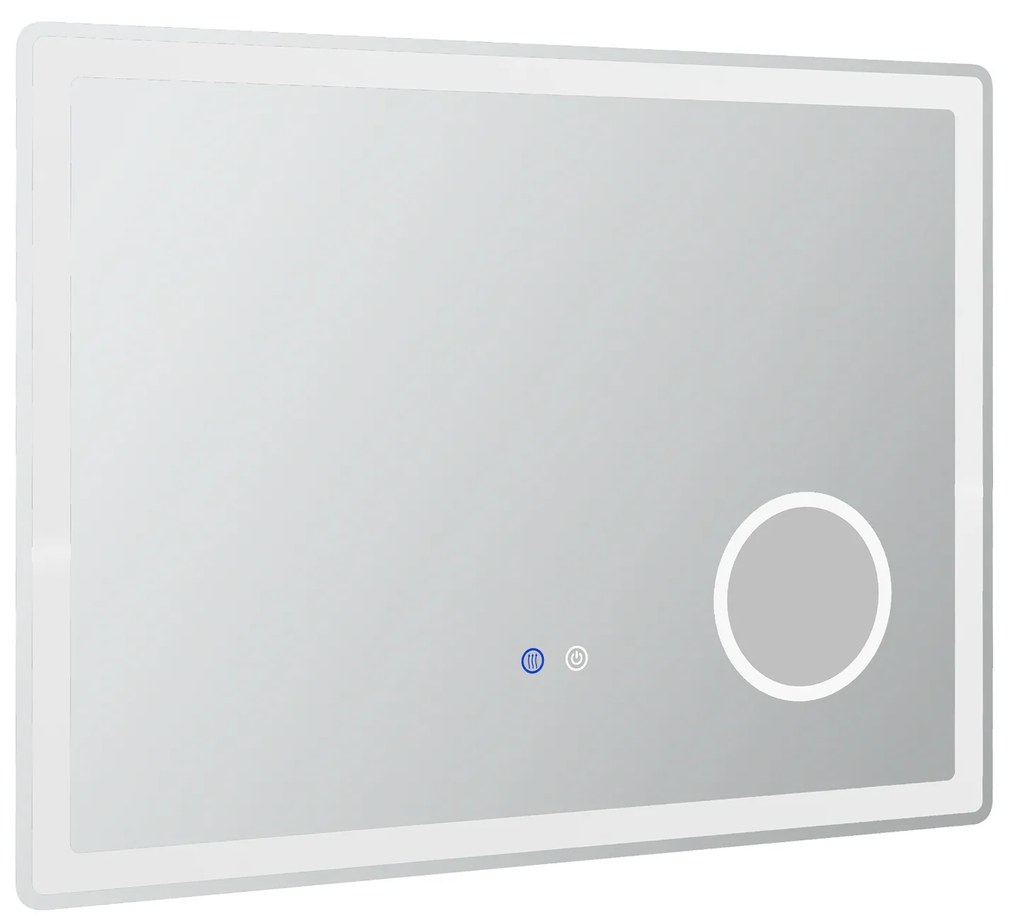 kleankin Oglindă de baie rectangulară cu LED, funcție antiabur, luminozitate reglabilă, oglindă cu zoom x3 80 x 60 cm transparent | Aosom Romania