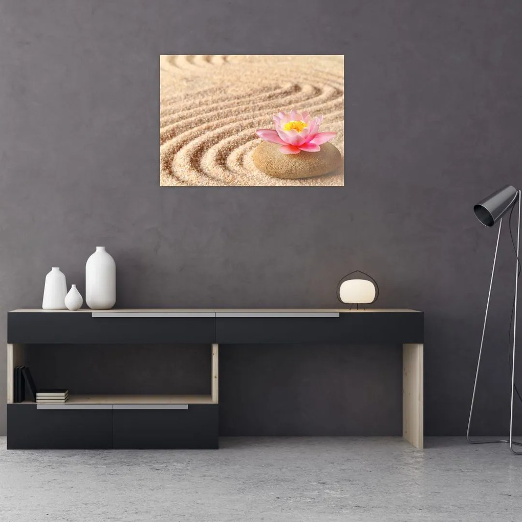Tablou cu piatră și floare pe nisip (70x50 cm)