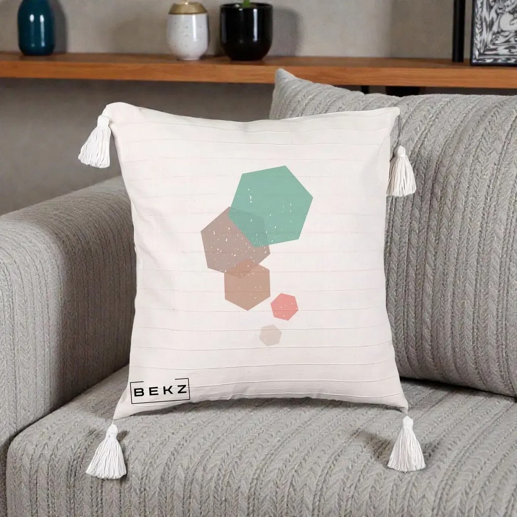 Perna Decorativa Geometric Hexagoane Pastel, 40x40 cm, Bej cu Franjuri, Husa Detasabila, Perna Inclusa, BEKZ®