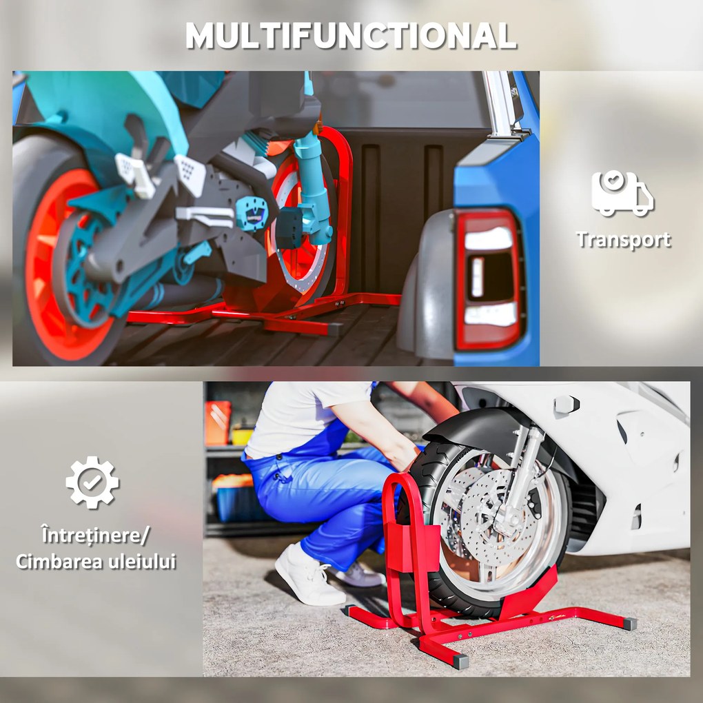 HOMCOM Suport pentru Motocicletă Reglabil pe 3 Nivele, Sistem de Blocare Roți Motocicletă în Metal cu Găuri, 60x55x43 cm, Negru | Aosom Romania