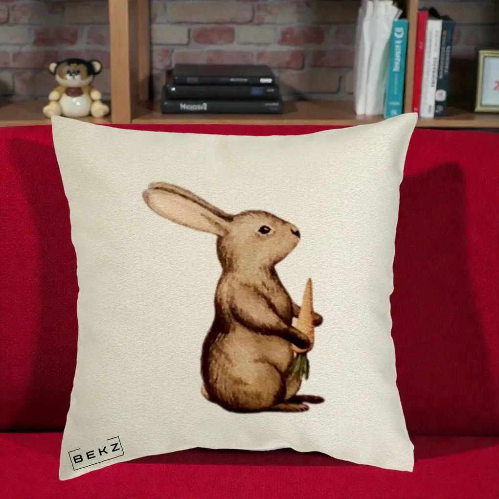 Perna Decorativa Iepuras Acuarela cu Morcov, 40x40 cm, Ecru, Husa Detasabila, Perna Inclusa, BEKZ®