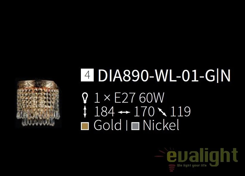 Aplica de perete cristal design elegant Palace auriu MYDIA890-WL-01-G