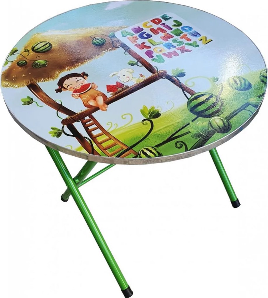 Masuta pliabila pentru copii din MDF Novokids™ Round folding table, Cu doua scaune pliabile, Diametru 60 cm, 2 niveluri de inaltime, Suprafata