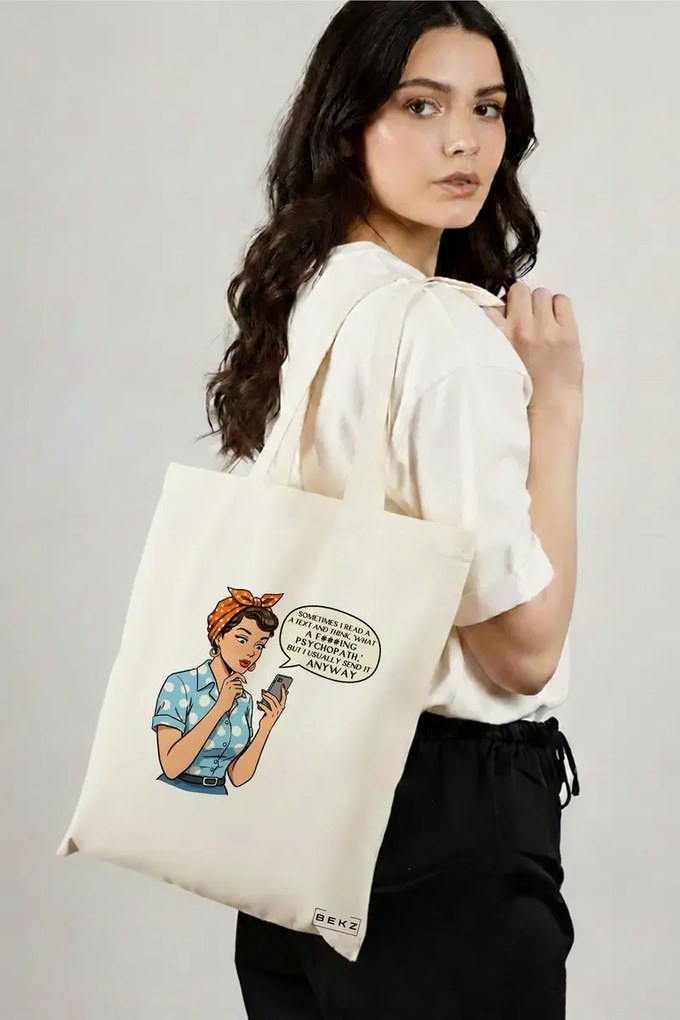 Sacosa de Panza pentru Cumparaturi, Geanta Tote, model What a psycho 38 x 34.5 cm, Alba, BEKZ®