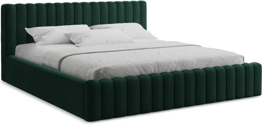 Pat matrimonial verde închis tapițat cu spațiu de depozitare cu somieră 140x200 cm Lemi – Makamii