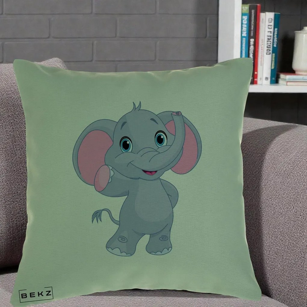 Perna Decorativa Pui de Elefant Kawaii, 40x40 cm, Verde, Husa Detasabila, Perna Inclusa, BEKZ®