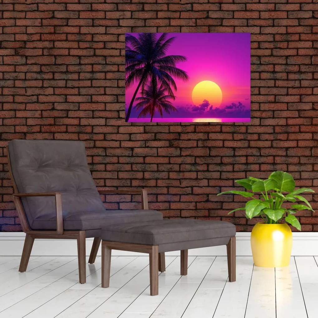 Tablou pe sticlă - Apus violet cu palmier (70x50 cm)