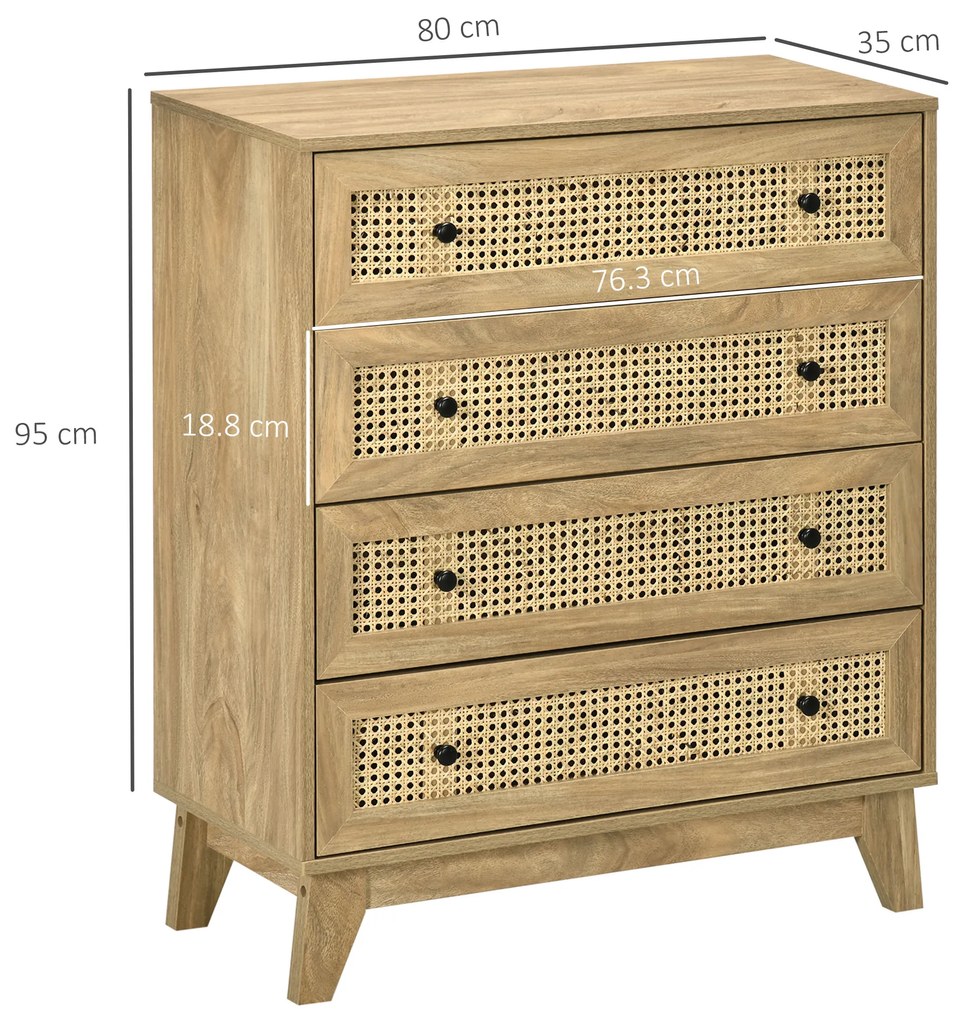 HOMCOM Comodă cu 4 Sertare Stil Boho din Ratan 80x35x95 cm Lemn Natural | Aosom Romania