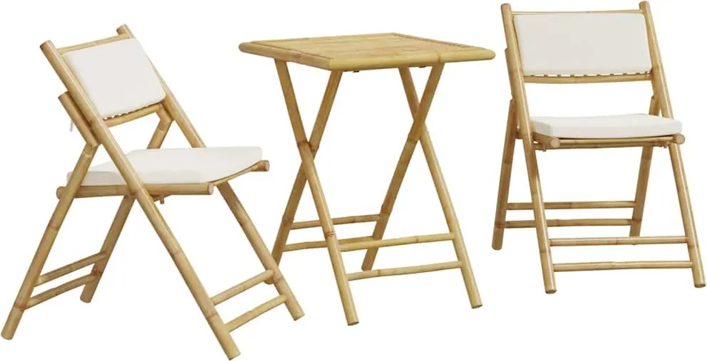 vidaXL Set de bistro pliabil, 3 piese, cu perne alb crem, bambus