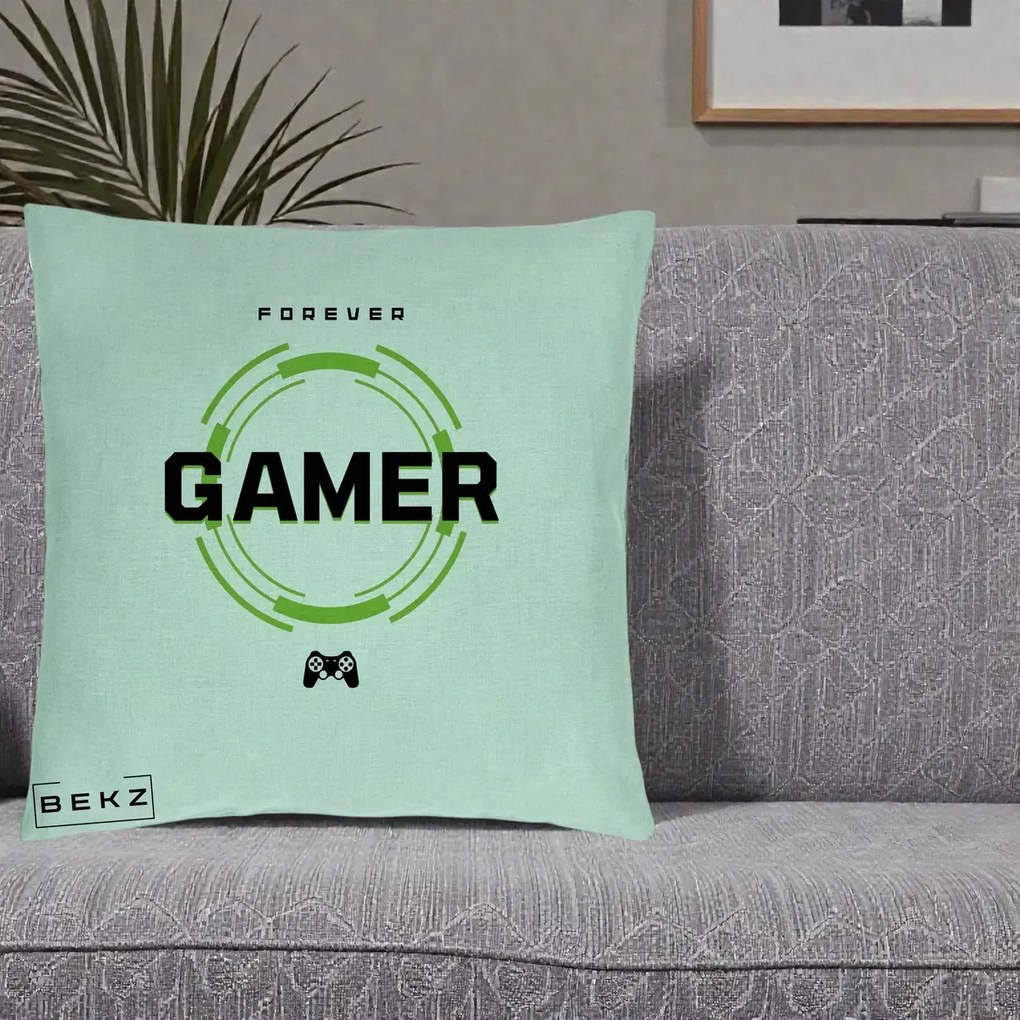 Perna Personalizata Forever Gamer, 40x40 cm, Verde Menta, Husa Detasabila, Perna Inclusa, BEKZ®