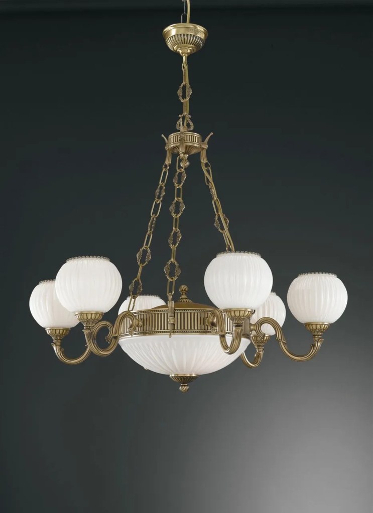 Candelabru cu 6 brate clasic design italian din alama, sticla 9250 RA-L. 9250/6+2