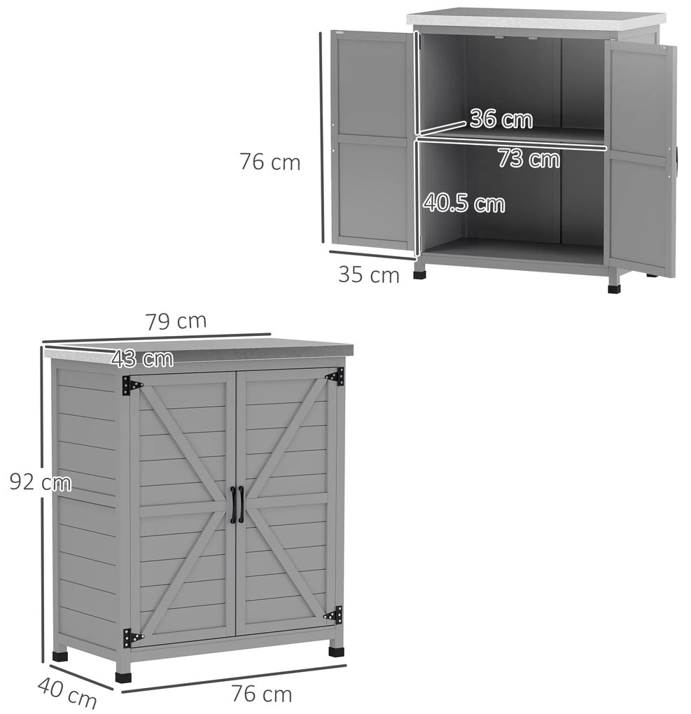 Outsunny Depozit de grădină, dulap exterior cu suprafață de lucru, dulap pentru unelte, lemn masiv, oțel, 79L x 43B x 92H cm, Gri | Aosom Romania