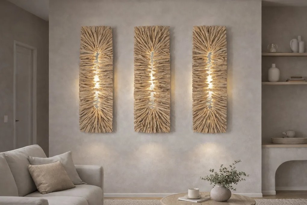 Aplică de perete din lemn de tec lucrat manual, natur, 130 x 50 x 10 cm, „Doullens”