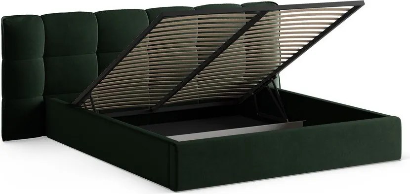 Pat matrimonial verde închis tapițat cu spațiu de depozitare cu somieră 140x200 cm Eric – Micadoni
