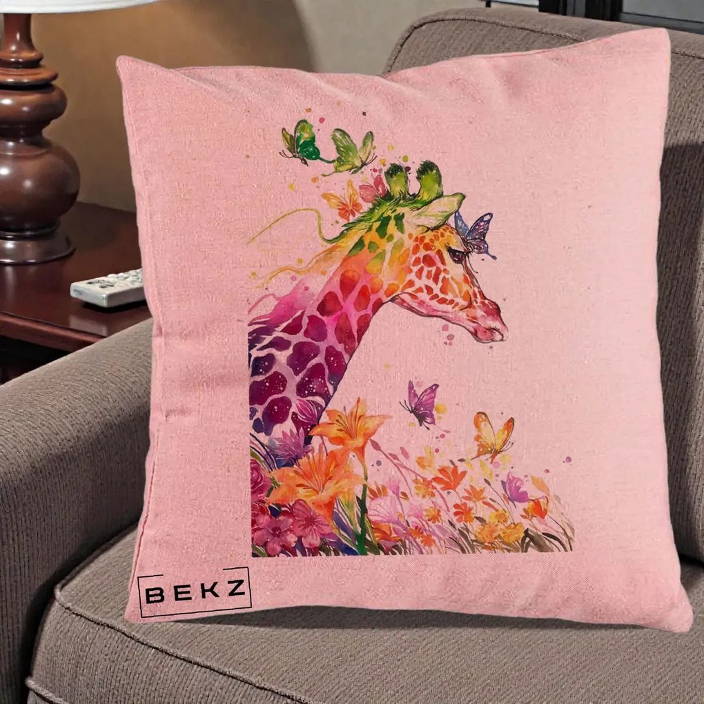 Perna Decorativa Girafa Curcubeu Acuarela, 40x40 cm, Roz, Husa Detasabila, Perna Inclusa, BEKZ®